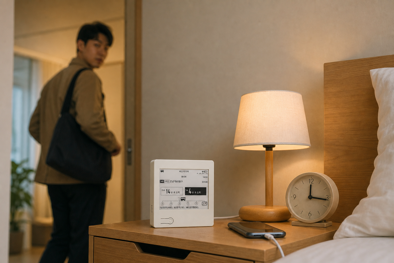 방을 나서기 전 침대 옆 버스어디야를 마지막으로 확인하는 장면